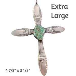 Huge Vintage Sterling Turquoise Antique Silverware Cross Pendant